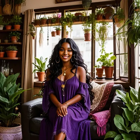 Long wavy luxurious black hair, black woman, medium brown skin tone, beautiful smile, purple babydoll dress, huge pot of plants,  boho living room, boho furniture, decor, from a distance