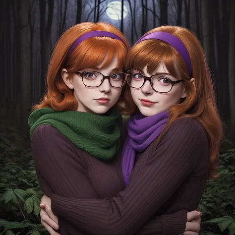 two girls hugging outdoors, velma, and, her friend, Daphne, she has big 60s style long orange brown hair with a purple hairband, and a purple sweater and green scarf, velma has thick glasses, daphne no glasses, both are very pretty, good looking, sexy, cut...