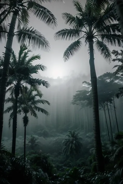 image of a tropical forest at night with foggy sky