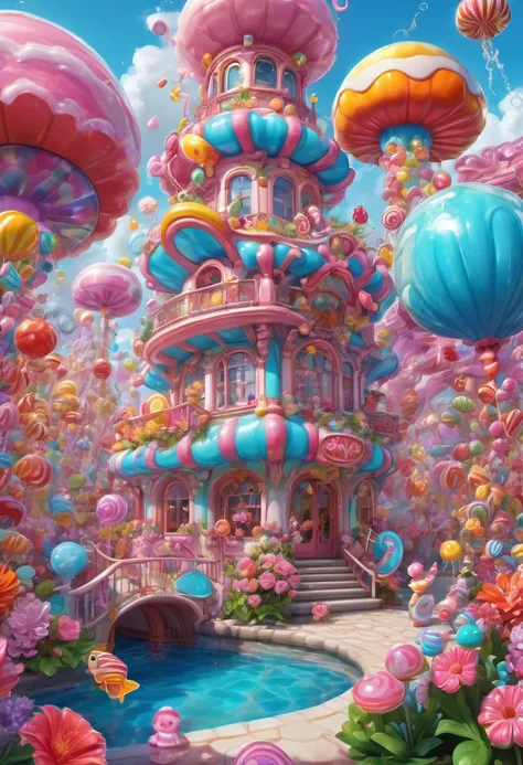 1girl, Candyland, aesthetic, (best quality, highres), ultra-detailed, (realistic:1.37), vibrant colors, candy-themed, dreamlike, enchanting, whimsical, sunlit, joyful, playful, sugary attire, magical, enticing aroma, candy castle, candy river, cotton candy...