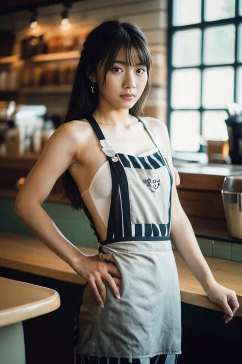 （film grain），summer，hot，Lazy afternoon，full body portrait，(((original photo)))，A sexy girl works at a counter in a cafe，The body shape of 34-26-36 is an hourglass shape,(Barista Apron、long apron、stripe、pattern、badge、pattern:1.5)，rim light， clavicle， beauti...