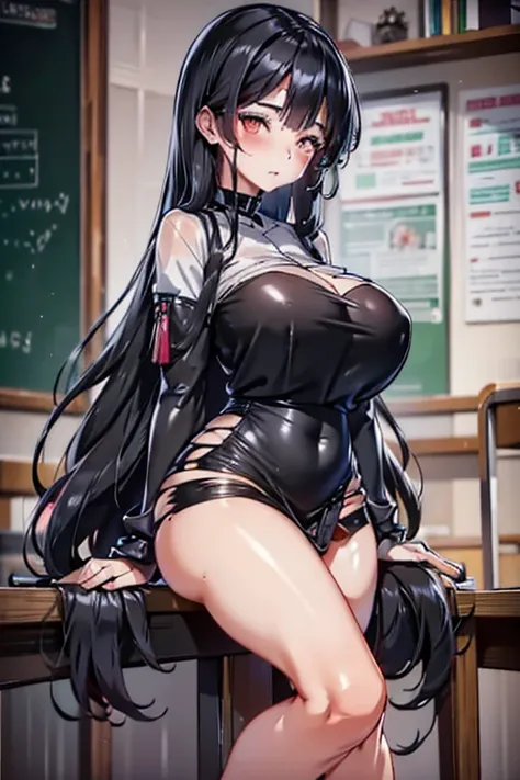 Italian girl, with very long black hair, 25 years old, hyper super gigantic and mammoth breasts, thin, has wet breasts, wears a torn tight blouse that does not contain the breasts and a pleated black miniskirt, and paired with a boy, inside a school classr...