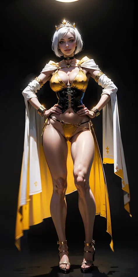 ((BLACK BACKGROUND,1:2, masterpiece)), full body MILF BIMBO standing with two long thighs and two high heels, red eyes, silver white hair, short bob style hair, big breasts, cleavage, separate sleeves, tiara royal, long cape up to two feet, yellow bikini, ...