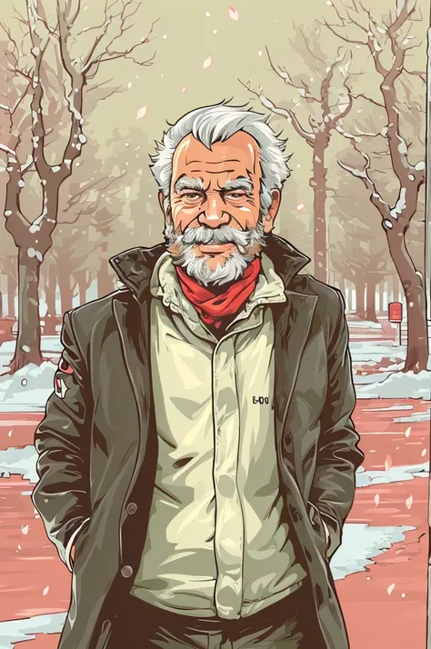 portrait, muscular old man in park, happy, , suits, vector, mwvector, Winter 