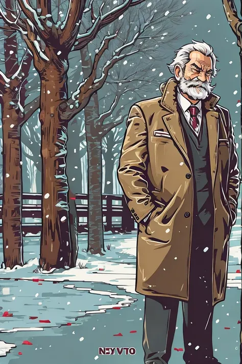 portrait, muscular old man in park, happy, , suits, vector, mwvector, Winter 