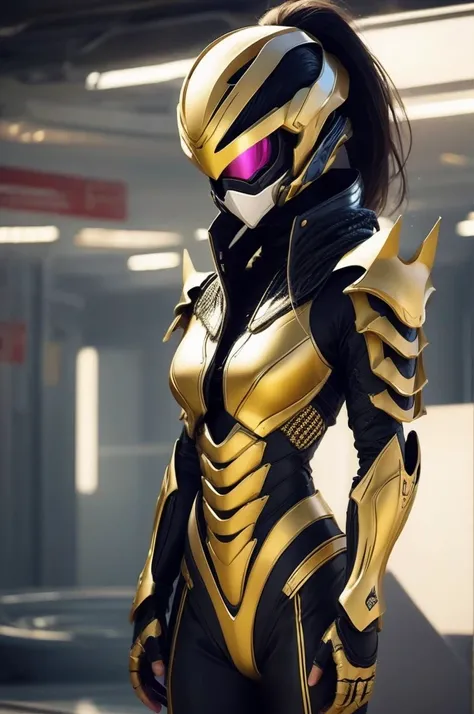 (high quality), (masterpiece), (detailed), 8K Hyper-realistic depiction of a Japanese girl clad in futuristic armor inspired by a scorpion motif, seamlessly blending sleek design with intricate details in a high-tech environment.