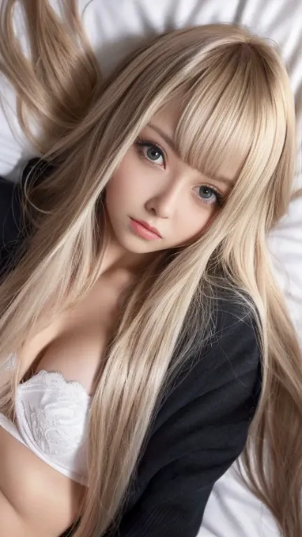 (Medium chest)、Sexy cute looks and cute 15 year old beautiful girl, Beautiful and sexy face、The strong wind blows the hair in front of my face、((Beautiful blonde with cute long straight hair)), Sexy eyes hidden behind long bangs,slightly dark skin, height:...