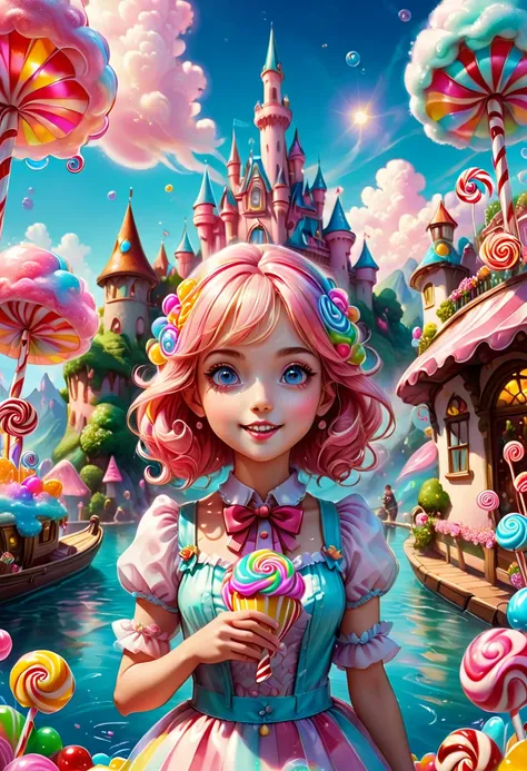 1girl, Candyland, aesthetic, (best quality, highres), ultra-detailed, (realistic:1.37), vibrant colors, candy-themed, dreamlike, enchanting, whimsical, sunlit, joyful, playful, sugary attire, magical, enticing aroma, candy castle, candy river, cotton candy...