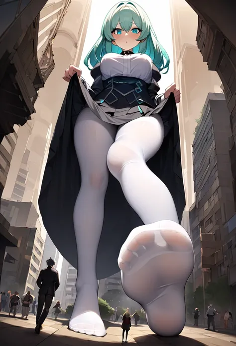 huge，Teenage girl，short skirt，teasing，A giant girl taller than a building，Lifted up the skirt，Wear white pantyhose，Toyed around，shrouded in the villain，Sitting on the ground，Toyed around，low angle of view，arroganthuge，Light cyan hair，Teenage girl，short ski...