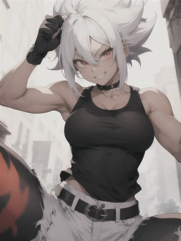 Anime girls, Saiyan woman, white hair, red eyes, black skin, black tank top, white jeans, scary face yet gentle, kick pose, smiling, tough body, fighter woman body.