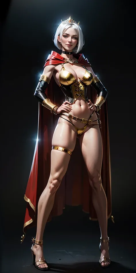 ((BLACK BACKGROUND,1:2, masterpiece)), full body MILF BIMBO standing with two long thighs and two high heels, red eyes, silver white hair, short bob style hair, big breasts, cleavage, separate sleeves, tiara royal, long cape up to two feet, yellow bikini, ...