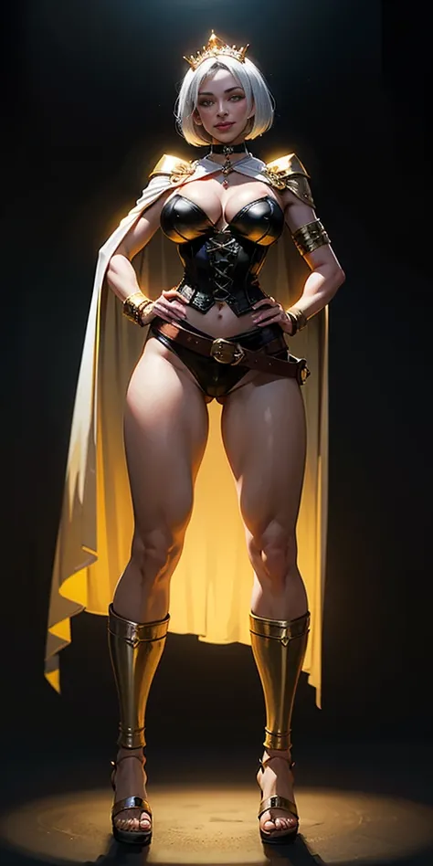 ((BLACK BACKGROUND,1:2, masterpiece)), full body MILF BIMBO standing with two long thighs and two high heels, red eyes, silver white hair, short bob style hair, big breasts, cleavage, separate sleeves, tiara royal, long cape up to two feet, yellow bikini, ...