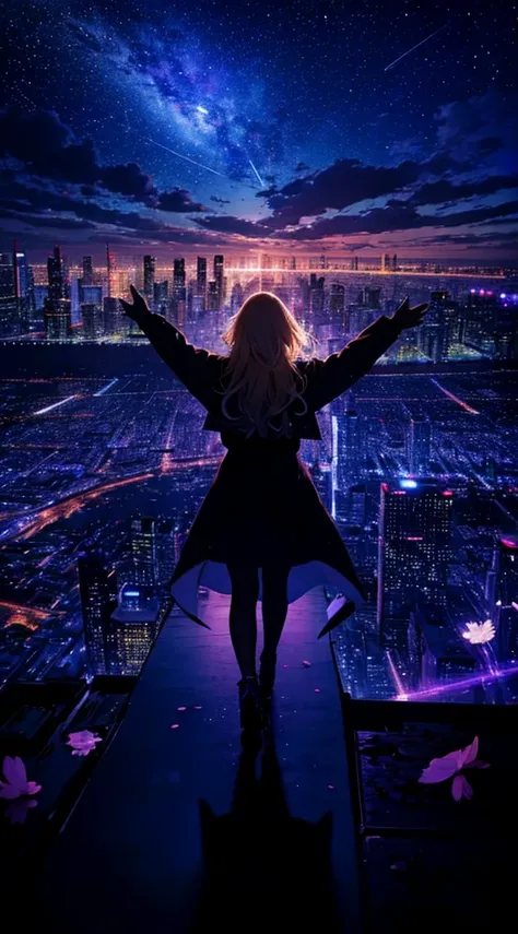 １people,Blonde long-haired woman，long coat， Dress Silhouette， Rear view，space sky, comet, anime style, dancing petals，Night view of the city from the mountainside，