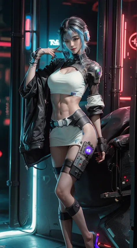 ((highest quality)), ((masterpiece)), (be familiar with:1.4), 3D, (((Beautiful cyberpunk woman image、 Photo texture:1.5))), ((highest quality, 8K, masterpiece :1.3)), real beauty, smile, medium breasts、Slim Full Body, slim face, Beautiful woman,HDR 、cyberp...