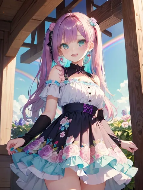 小さなgirl、The arrival of spring、big ass、 (alone:1.5,)Super detailed,bright colors, very beautiful detailed anime face and eyes, look straight, ;d, shiny_skin,girl,(((rainbow colored hair, colorful hair, Half black、half pink hair: 1.2)))  、forehead is exposed...