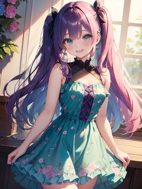 小さなgirl、The arrival of spring、big ass、 (alone:1.5,)Super detailed,bright colors, very beautiful detailed anime face and eyes, look straight, ;d, shiny_skin,girl,(((rainbow colored hair, colorful hair, Half black、half pink hair: 1.2)))  、forehead is exposed...