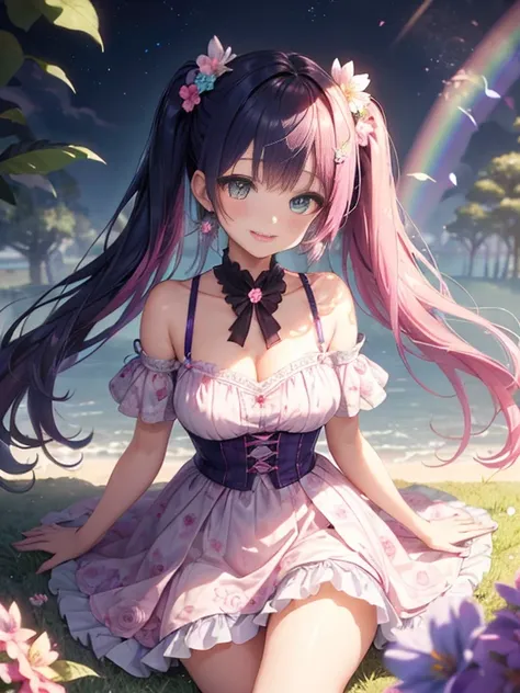 小さなgirl、The arrival of spring、big ass、 (alone:1.5,)Super detailed,bright colors, very beautiful detailed anime face and eyes, look straight, ;d, shiny_skin,girl,(((rainbow colored hair, colorful hair, Half black、half pink hair: 1.2)))  、forehead is exposed...