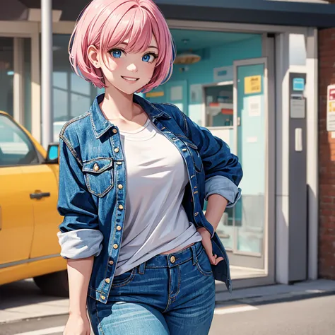 1girl, pink hair, blue eyes, pixie cut, large breasts, jean jacket, white t-shirt, smiling. 