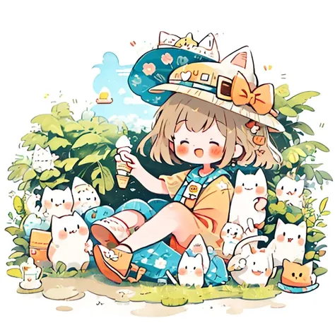 summer girl, ice cream, hat, sunglasses, happiness and elegant, cat, plant