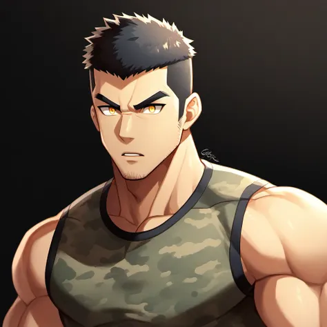 anime characters：gyee, fitness coach, 1 muscular tough guy, manliness, male focus, camouflage sleeveless t-shirt, very tight, sl...