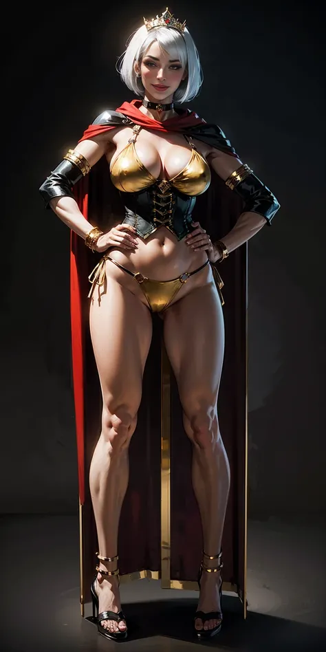 ((BLACK BACKGROUND,1:2, masterpiece)), full body MILF BIMBO standing with two long thighs and two high heels, red eyes, silver white hair, short bob style hair, big breasts, cleavage, separate sleeves, tiara royal, long cape up to two feet, yellow bikini, ...