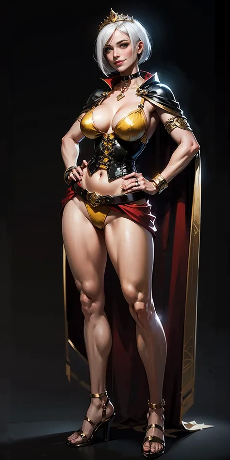 ((BLACK BACKGROUND,1:2, masterpiece)), full body MILF BIMBO standing with two long thighs and two high heels, red eyes, silver white hair, short bob style hair, big breasts, cleavage, separate sleeves, tiara royal, long cape up to two feet, yellow bikini, ...