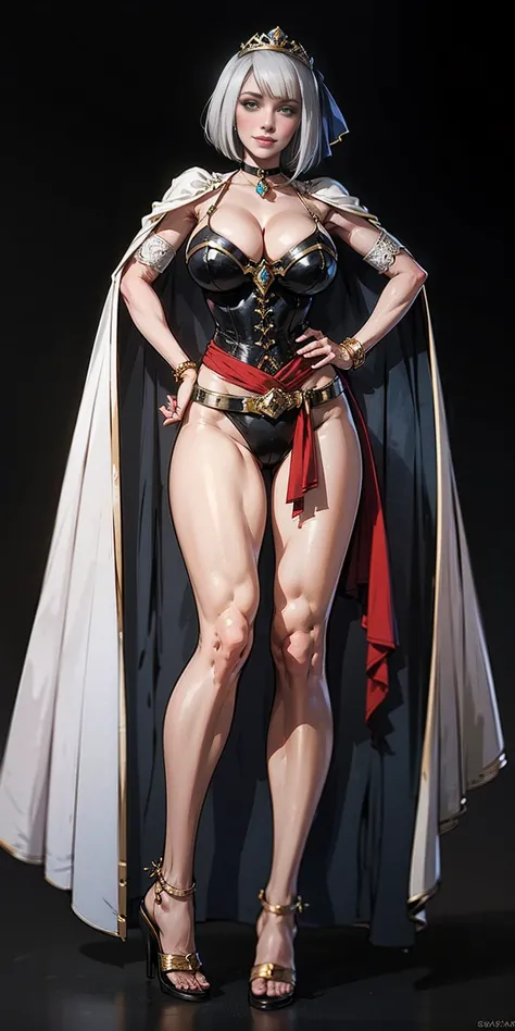 ((BLACK BACKGROUND,1:2, masterpiece)), full body MILF BIMBO standing with two long thighs and two high heels, red eyes, silver white hair, short bob style hair, big breasts, cleavage, separate sleeves, tiara royal, long cape up to two feet, yellow bikini, ...