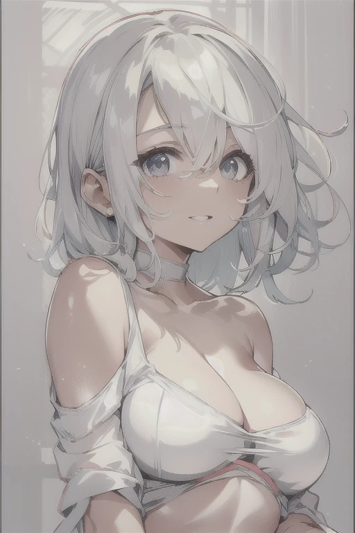 (Low Saturation:1.5),anime,1girl,pov,masterpiece,Awards, high quality,High resolution,HD,4K,8K,high quality,portrait,simple background,closeup upperbody,white clothes,Independently deformed breasts,shruged,viscous paint,(swiping breasts:1.3),oily skin,Slim...