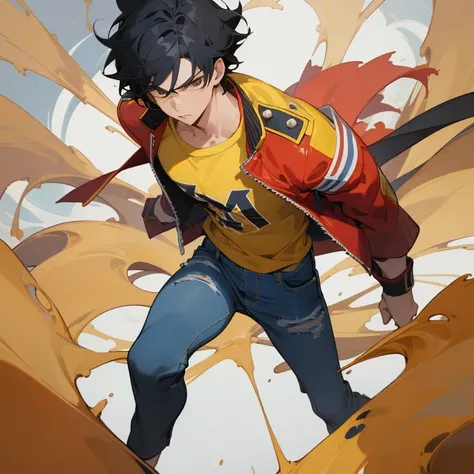 ((highest quality)), ((masterpiece)), (be familiar with), anime,youth,male,black hair,hair standing on end,Triumphant look,jeans,red jacket,yellow t-shirt,action,((regent))