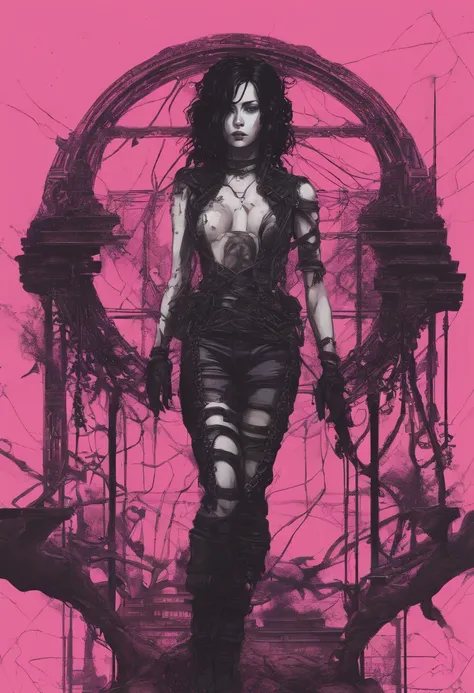 hybrid, dark haired women, body intricate in bonsai , chains on , pink background , gothic style ,neon light 