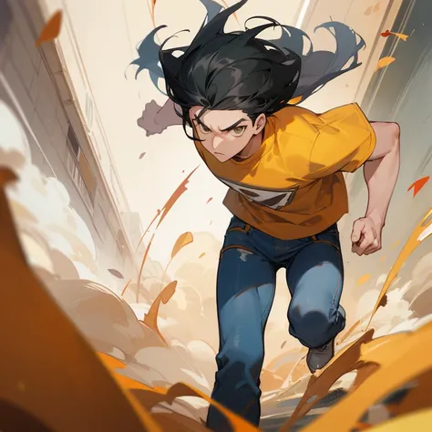 ((highest quality)), ((masterpiece)), (be familiar with), anime,youth,male,black hair,hair standing on end,Triumphant look,jeans,red jacket,yellow t-shirt,action,running around town