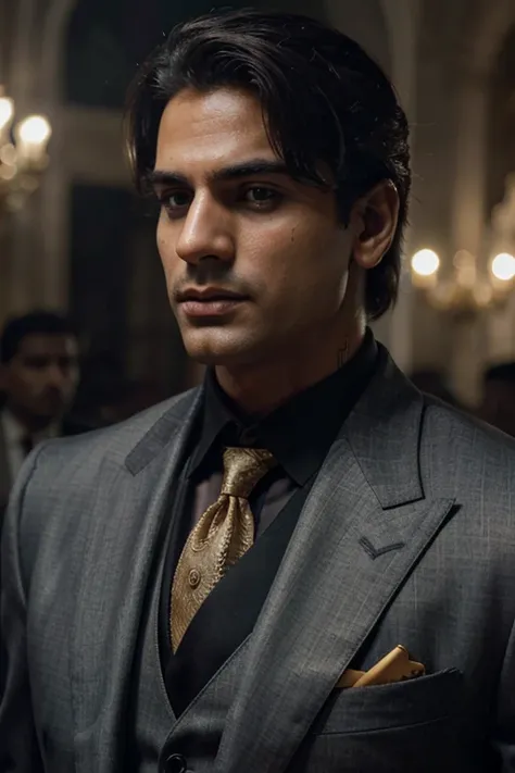 india country as a mafia, hyper realistic, handsome, jawline, suit, 4K, HD, UHD, 8K, high detail, ultra definition, high quality, masterpiece, ultra high resolution, (realistic:1.4), multiple men, guns, the godfather inspiration