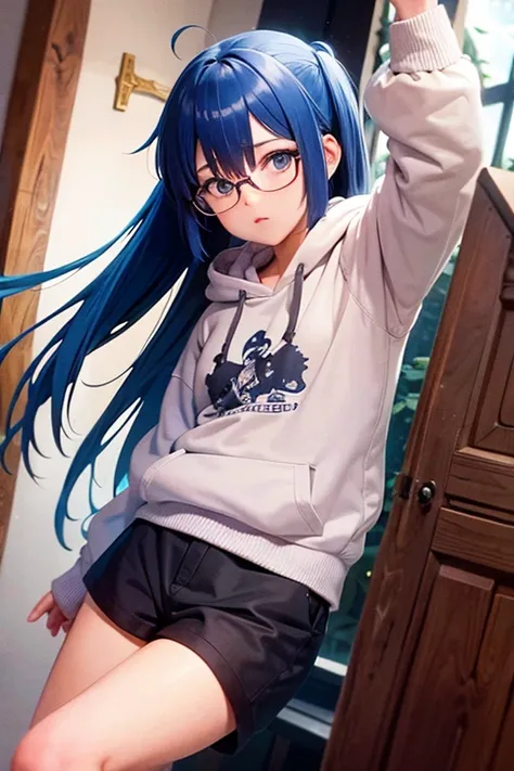 Angelic French doll, (martial artist: 0.6), stocky, light colored hoodie, in short pants, blue hair ,messy long hair, (anime: 1.2), Wear glasses, asymmetrical bangs, (masterpiece: 1.2)