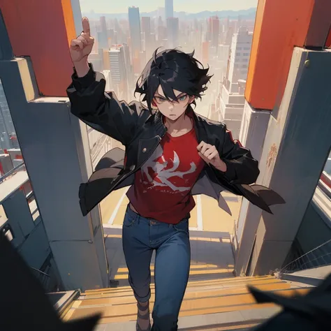 ((highest quality)), ((masterpiece)), (be familiar with), anime,youth,male,black hair,hair standing on end,Triumphant look,jeans,black jacket,red t-shirt,action,Tokyo cityscape