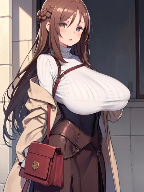 masterpiece, highest quality、Medium wide shot、1. A girl with beautiful eyes、laughing、brown hair、brown eyeedium hair、hair between eyes、140 cm tall、Braid、Lip sweater、turtleneck、corset long skirt、coat、shoulder bag、(((((big breasts、huge breasts)))))、ロリbig brea...