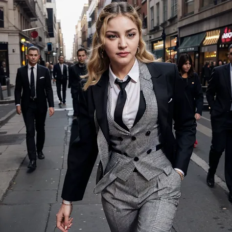 Madonna dressed in a blazer and dress pants