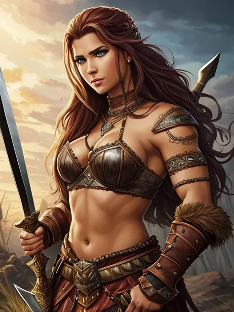 Crie uma pintura digital, 4K, Melhor qualidade,sexytoon,a woman in armor holding a knife and a knife in her hands, barbarian guerreiro woman, guerreiro woman, guerreiro, guerreiro girl, uma mulher berserker muito bonita, a beautiful guerreiro woman, Valkyr...