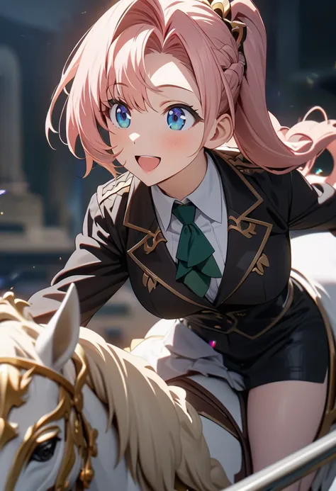 High resolution, high quality, high definition image, 8k1 girl solo.eclair Seaetto.Beautiful Anime Babe. riding on a white horse,smile.A figure running from a distance,From pink hair and black jacket,