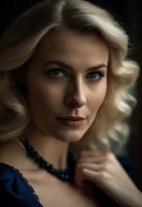 Portrait of a blonde 30-something severe-looking woman wearing a discreet, old-fashioned dark blue long dress and a black cameo necklace.