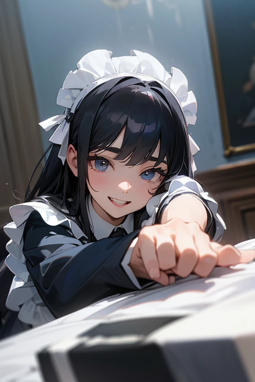 (highest resolution, clear_image) highest quality, Single person, one woman, alone, masterpiece, very detailed, semi-realistic, black hairのショートヘア, black hair, bangs, 18-year-old, mature, light blue uniform, uniform, indoor background, kind, authoritative, ...