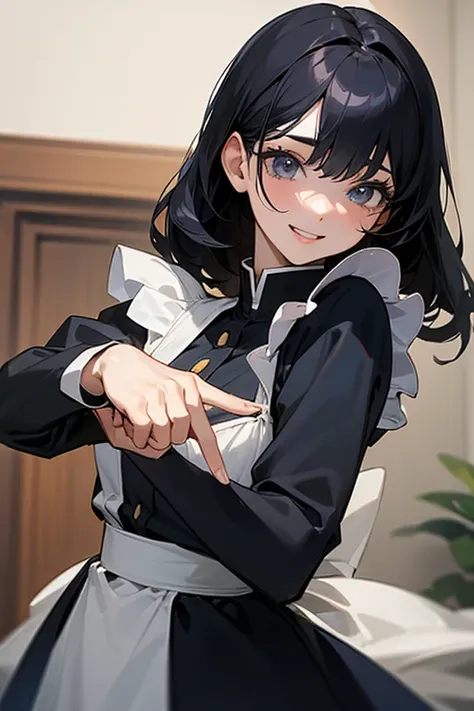 (highest resolution, clear_image) highest quality, Single person, one woman, alone, masterpiece, very detailed, semi-realistic, black hairのショートヘア, black hair, bangs, 18-year-old, mature, light blue uniform, uniform, indoor background, kind, authoritative, ...