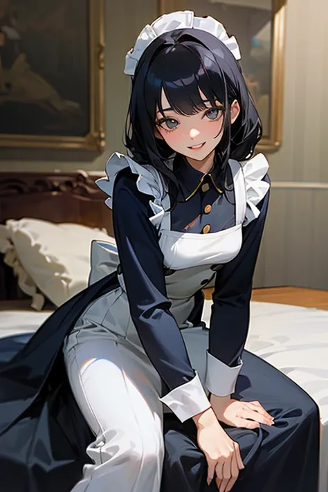 (highest resolution, clear_image) highest quality, Single person, one woman, alone, masterpiece, very detailed, semi-realistic, black hairのショートヘア, black hair, bangs, 18-year-old, mature, light blue uniform, uniform, indoor background, kind, authoritative, ...