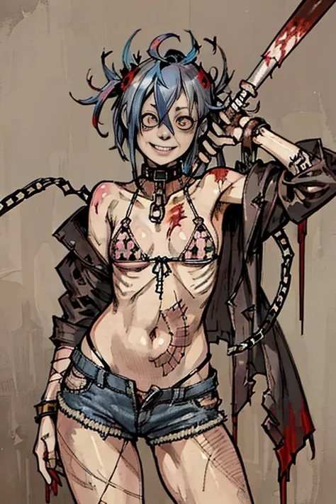 ,highest quality, High resolution,(The background is made up of a lot of chains and ruins.、cemetery、skeleton),Cute zombie girl、Splattering blood、amusement park、small eyes、（flat chest）, Odd colored hair, realistic, masterpiece, super detailed, realistic, be...