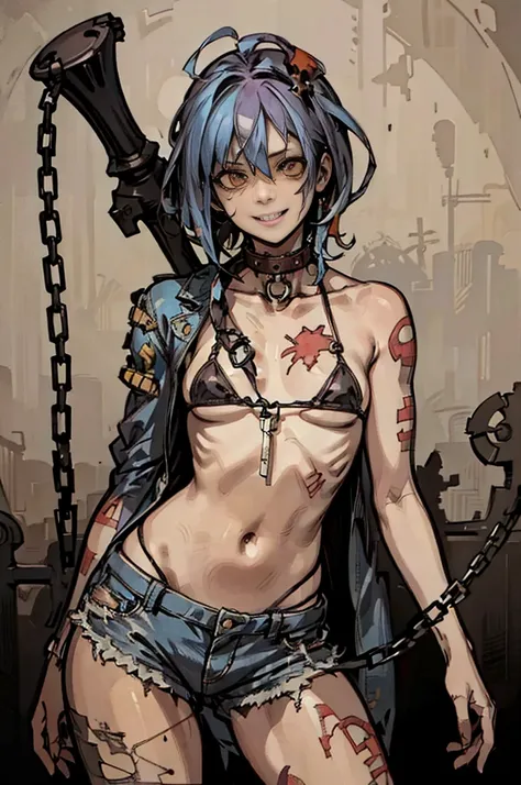 ,highest quality, High resolution,(The background is made up of a lot of chains and ruins.、cemetery、skeleton),Cute zombie girl、Splattering blood、amusement park、small eyes、（flat chest）, Odd colored hair, realistic, masterpiece, super detailed, realistic, be...