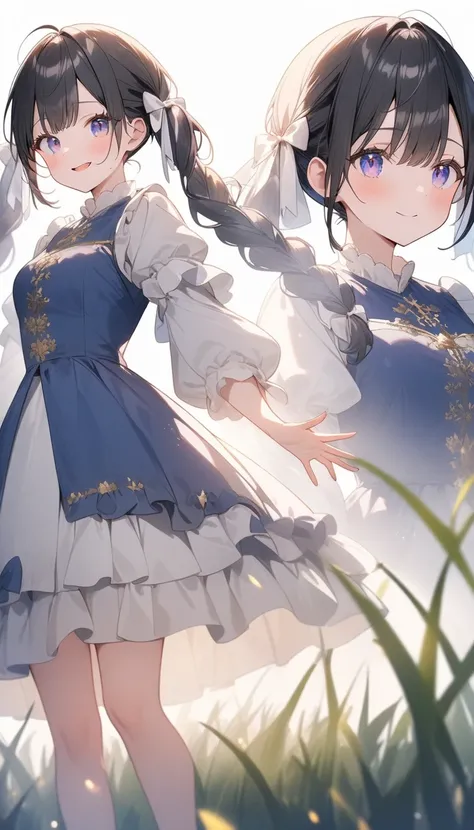 (highest quality、masterpiece、High resolution、detailed)、4K、beautiful anime、(Shining eyes、detailed美しい顔)､no text, 1girl,
BREAK
anime,white background,double exposure silhouette twintail girl and grass in medieval town photo scenery,wearing layered dress