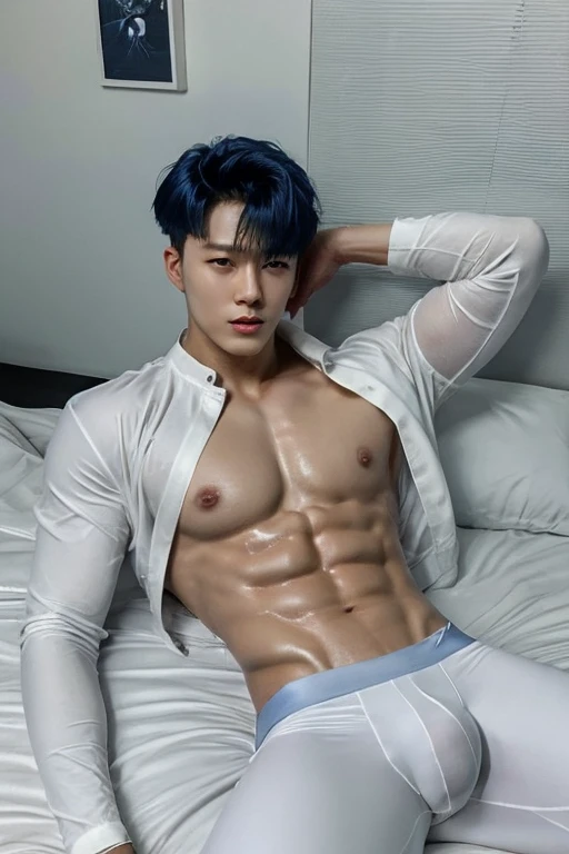 short blue haired, Korean teenager, tight wet white shirt unbutton, muscular body, building body, handsome, full body, bulge tight in tight black leather pants, laying down on bed, horney face, white skin, body hairless