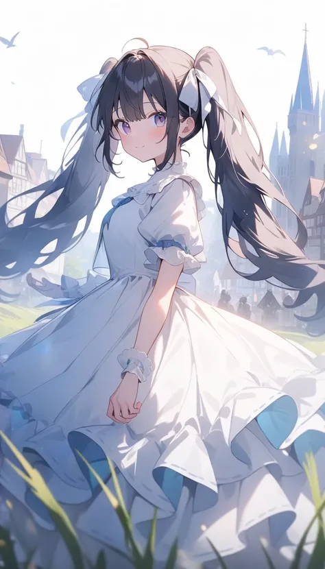 (highest quality、masterpiece、High resolution、detailed)、4K、beautiful anime、(Shining eyes、detailed美しい顔)､no text, 1girl,
BREAK
anime,white background,double exposure silhouette twintail girl and grass in medieval town photo scenery,wearing layered dress