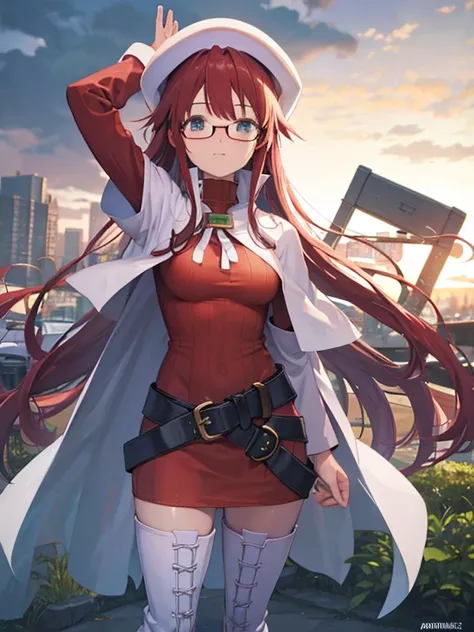 summon night, long hair, 青いeye, redい髪, beret, have, Glasses,
壊す long hair, Thighhighs, have, dress, boots, Glasses, belt, cape, sweater, zettai ryouiki, beret, thigh boots, white shoes, ribbed sweater, loose belt,one person (masterpiece:1.2), highest quali...