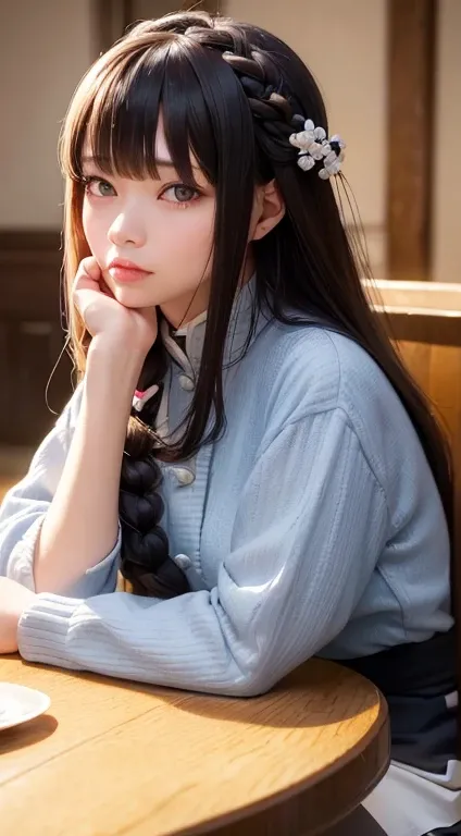 a woman sitting at a table with a cup of coffee, a character portrait, inspired by Mei Qing, trending on pixiv, shin hanga, extremely realistic photo, long braided white hair, plastic doll, 8k render”, .ai, jk uniform, super realistic photo, blue android e...