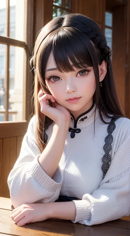 a woman sitting at a table with a cup of coffee, a character portrait, inspired by Mei Qing, trending on pixiv, shin hanga, extremely realistic photo, long braided white hair, plastic doll, 8k render”, .ai, jk white uniform, super realistic photo, blue and...